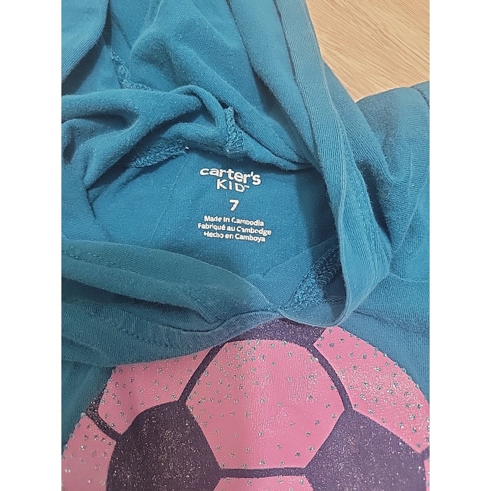 Carters Kid Girls Teal Blue Soccer Ball Glitter Graphic Hooded Long Sleeve Tee 7 - Picture 6 of 7